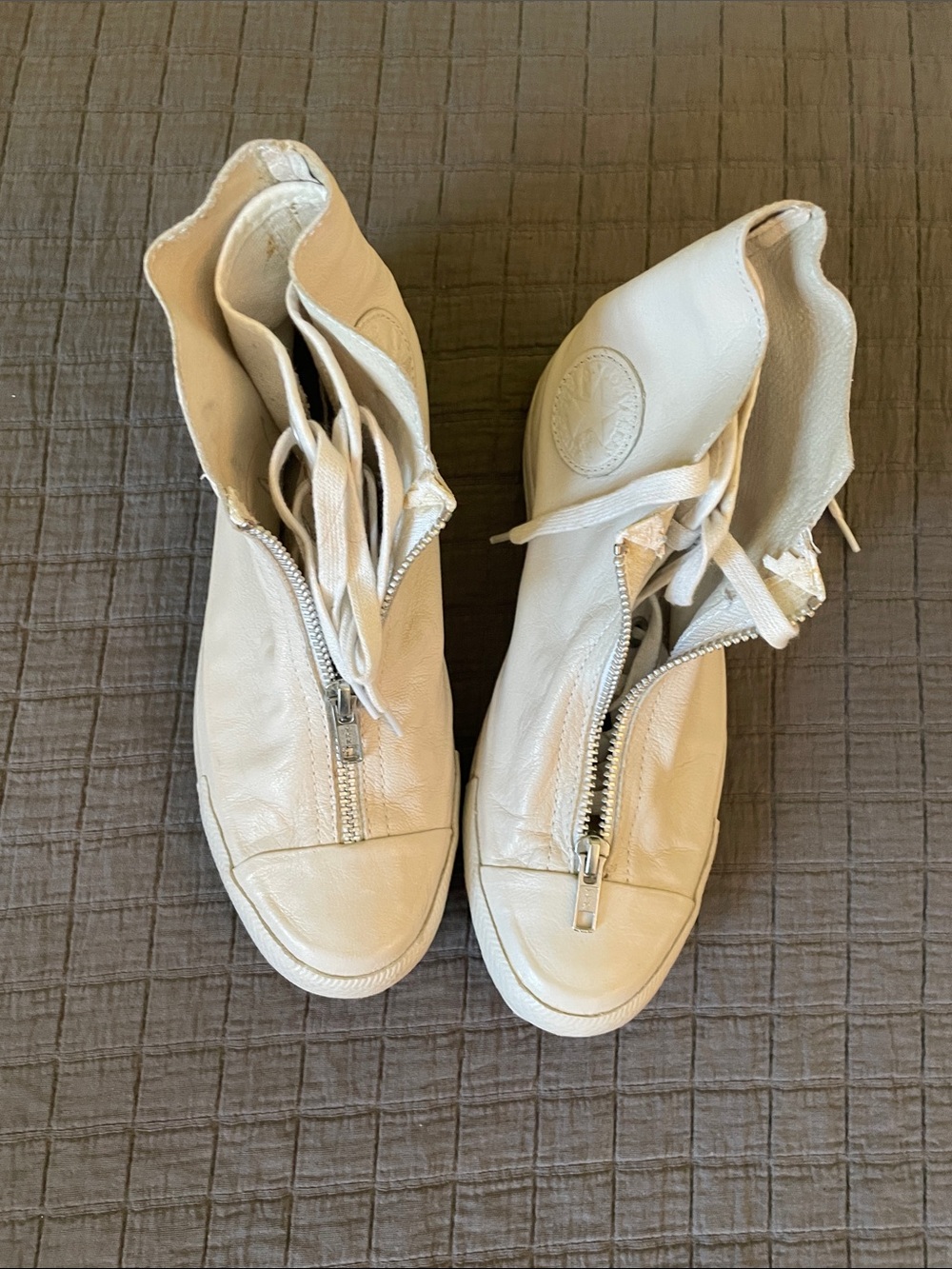 White  Leather High-Top Sneakers with Front Zippers laces underneath. US women’s